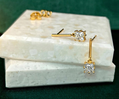 Moissanite Bar Stud Earrings: 1Ct Princess Cut, 14K Gold Plated Silver