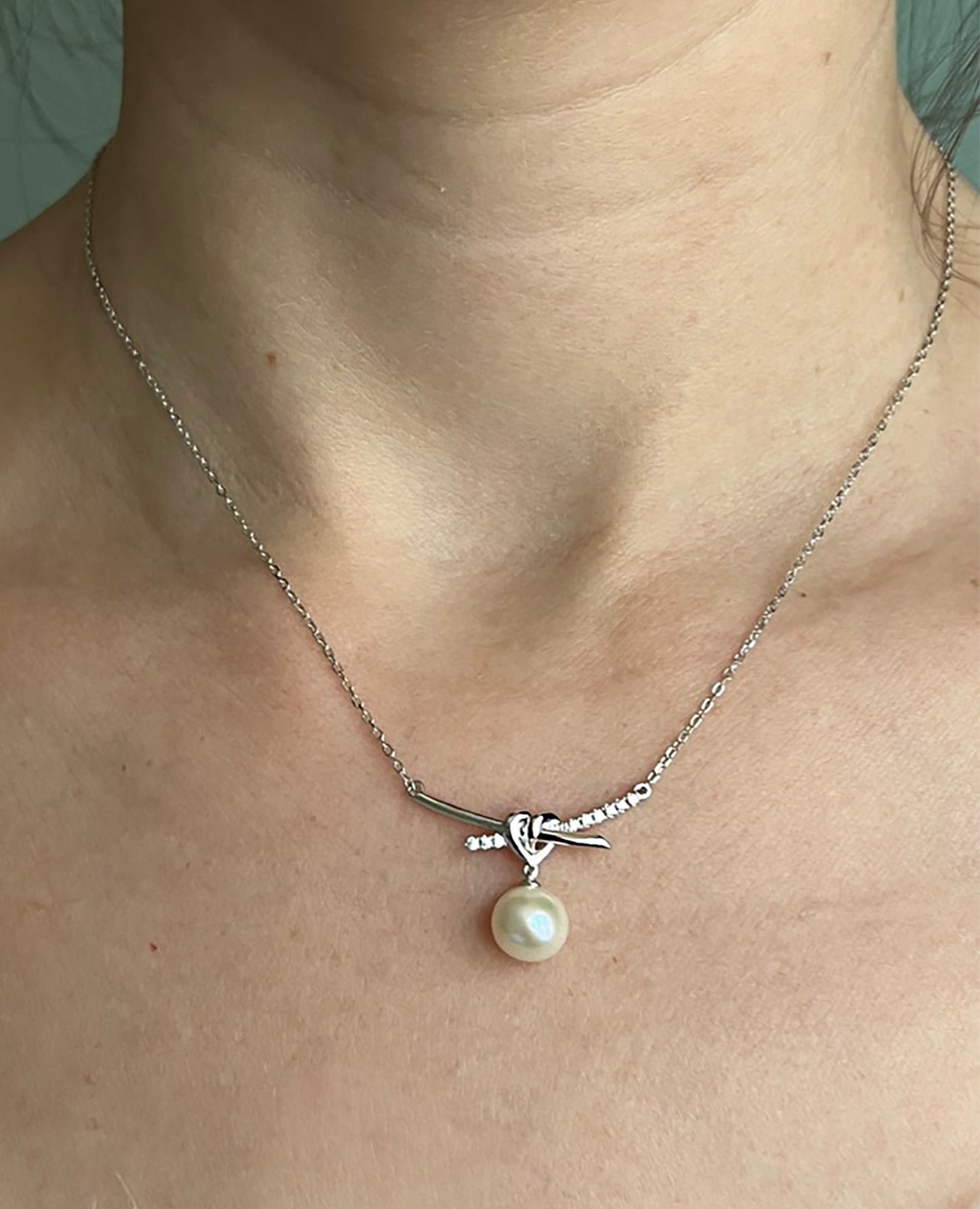 Love Knot Pearl Necklace: Rhodium Sterling Silver Heart Pendant