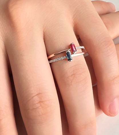 Ruby or Sapphire Baguette Ring: Diamond 14K Gold Plated Sterling Silver