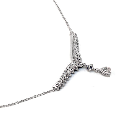 Teardrop Sapphire Necklace: Rhodium Plated Sterling Silver V Collar