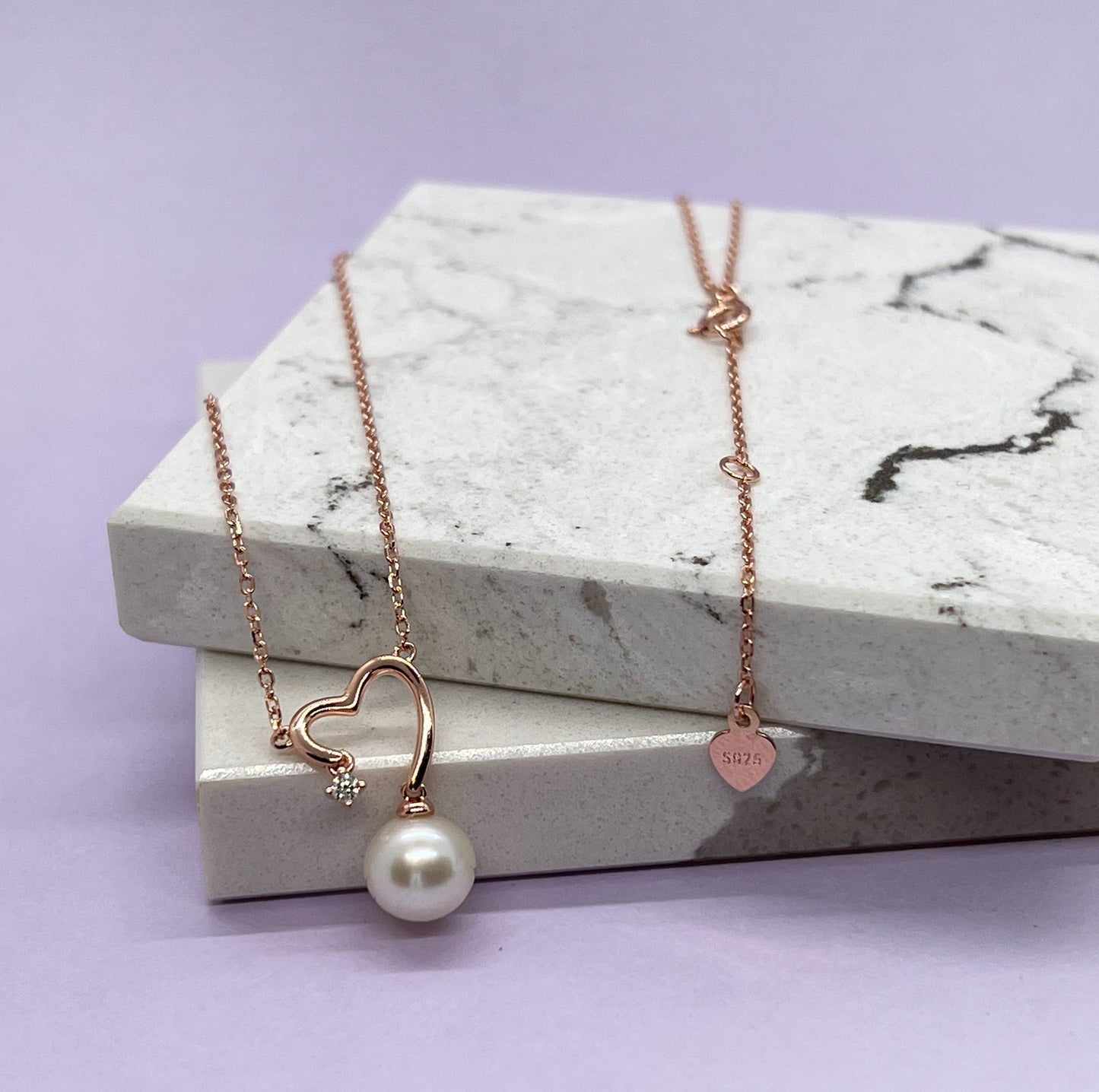 Moissanite & Pearl Heart Pendant Necklace: 14K Rose Gold Sterling Silver