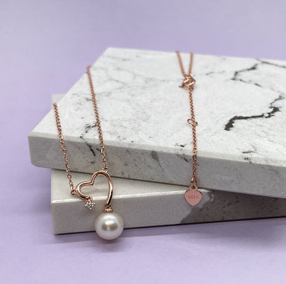Moissanite & Pearl Heart Pendant Necklace: 14K Rose Gold Sterling Silver