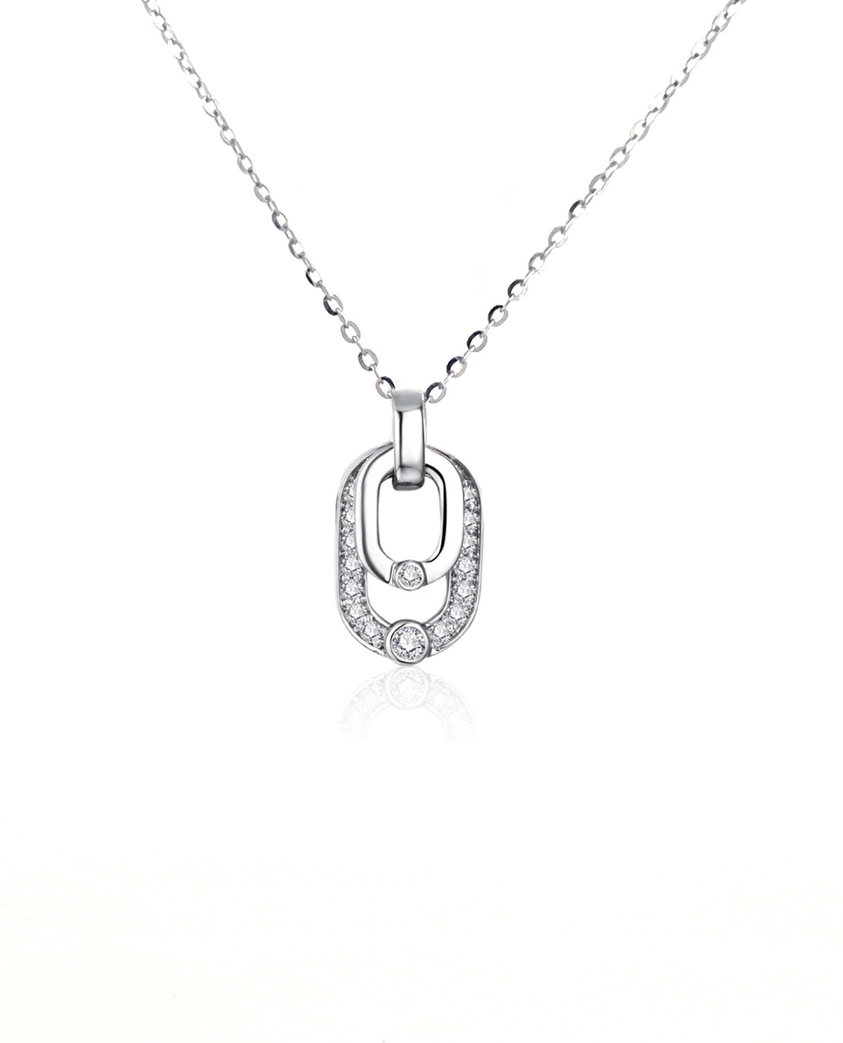 Certified Moissanite Double Oval Pendant Necklace: Rhodium Plated Sterling Silver
