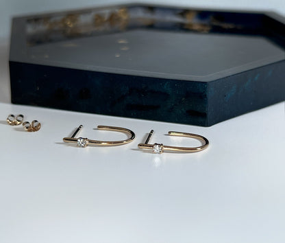 14K Yellow Gold J-Hoop Earrings with Diamond Accent