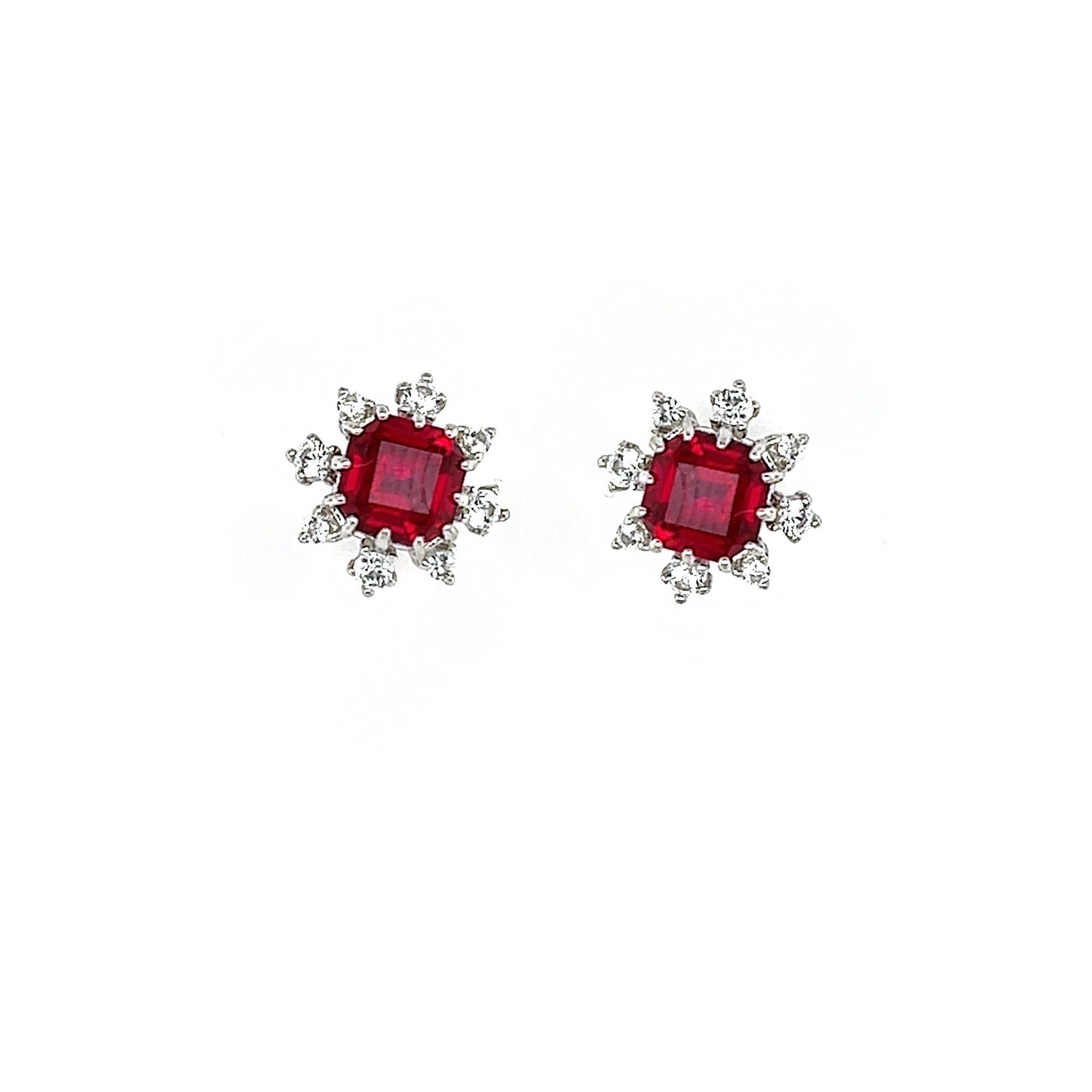 Sterling Silver Created Ruby Stud Earrings: White Sapphire Halo
