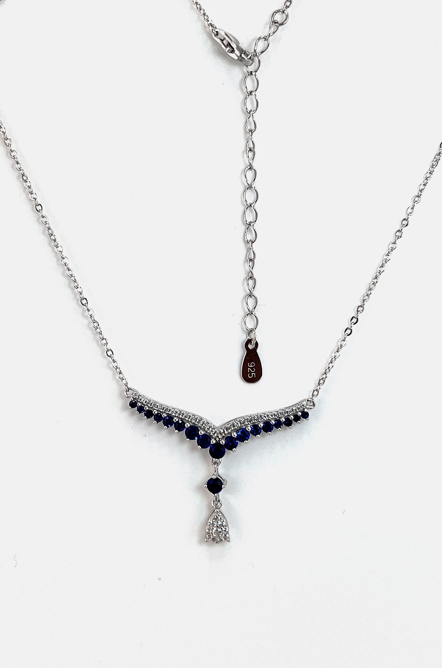 Teardrop Sapphire Necklace: Rhodium Plated Sterling Silver V Collar