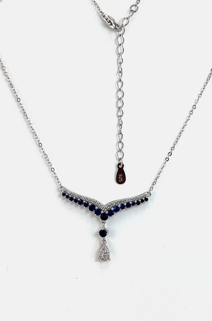 Teardrop Sapphire Necklace: Rhodium Plated Sterling Silver V Collar
