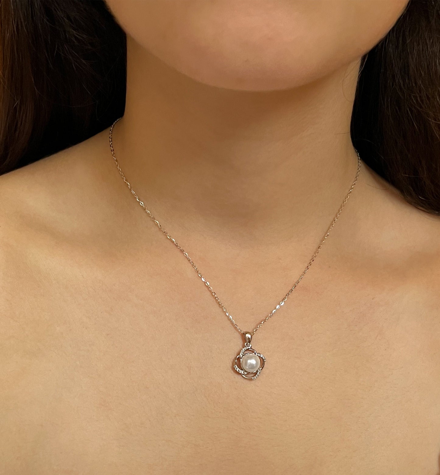Moissanite Freshwater Pearl Necklace: Sterling Silver Floral Pendant