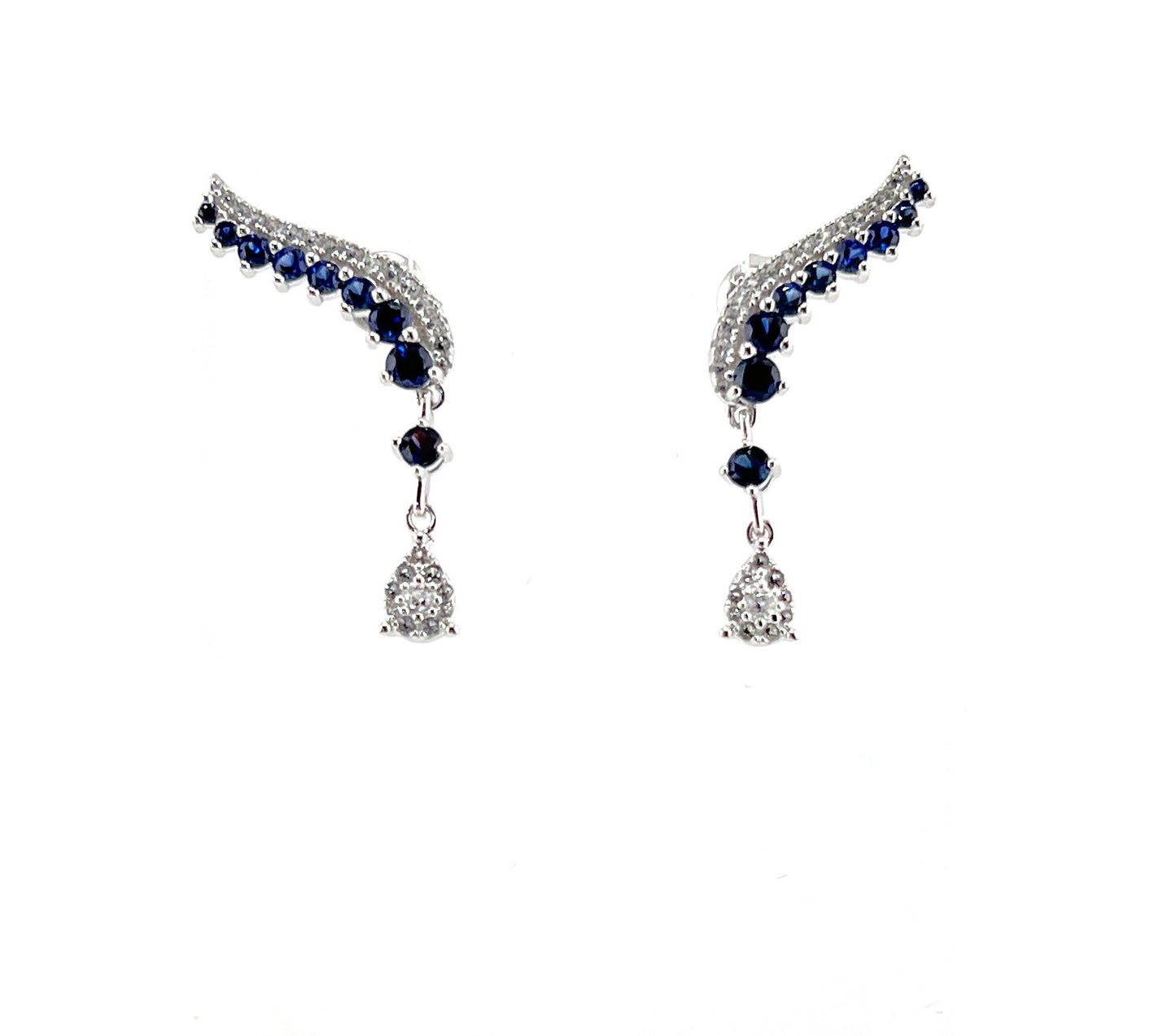 Blue Sapphire Earrings in Rhodium Plated Sterling Silver, Leaf Climber Earrings, Sapphire Bridal Earrings,ar Climber Floral Earring for Her