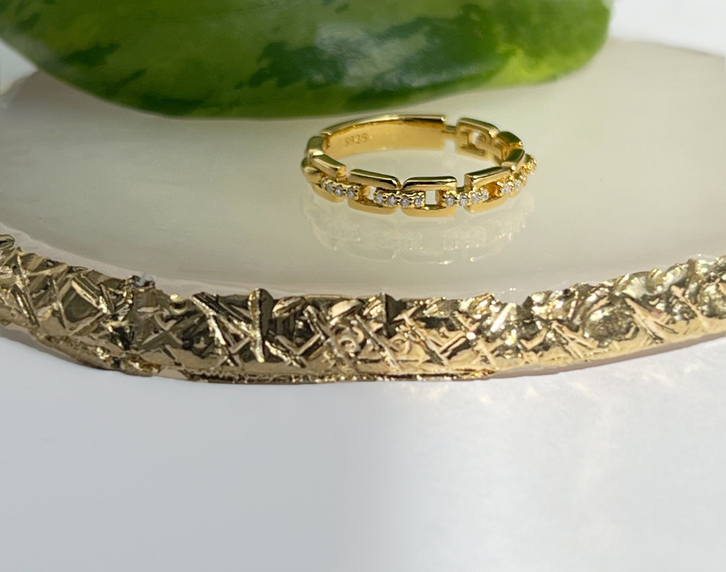 Moissanite Chain Link Ring: 18K Gold Plated Sterling Silver