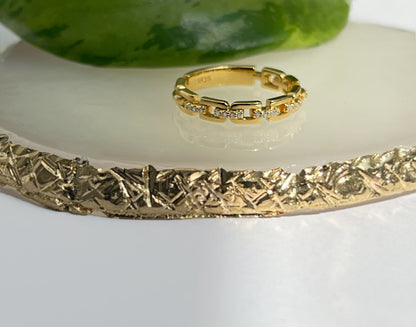 Moissanite Chain Link Ring: 18K Gold Plated Sterling Silver