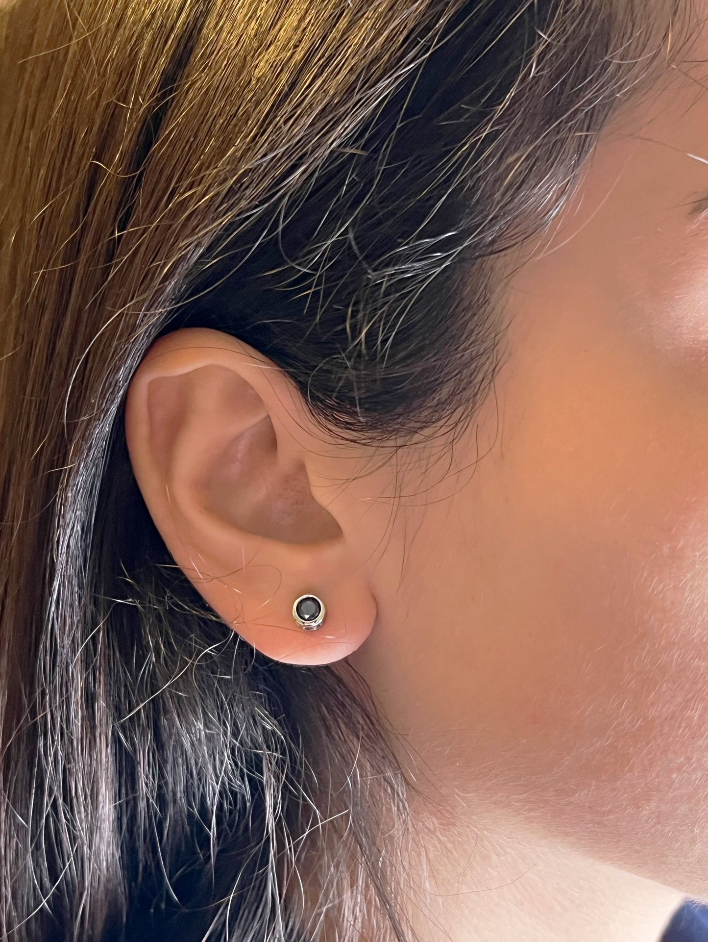 Black Diamond Stud Earrings: .925 Sterling Silver Bezel Solitaire