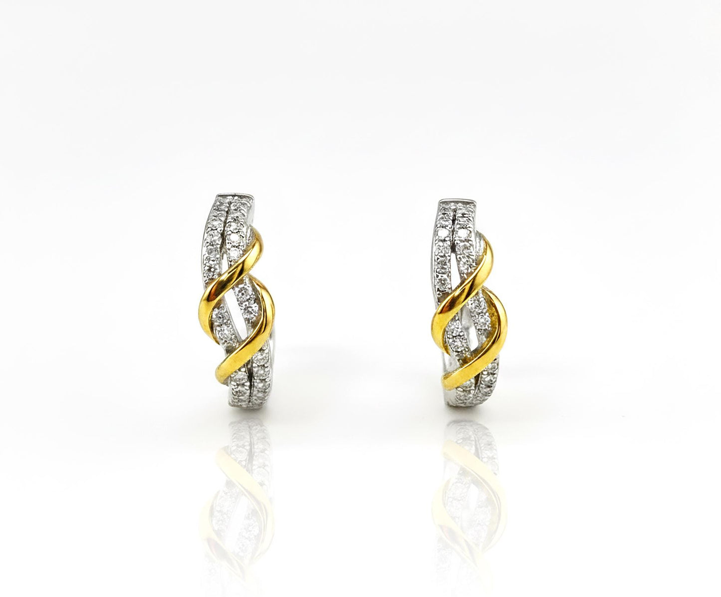 Two-Tone Twisted Moissanite J-Hoop Earrings: 14K Gold & Sterling Silver