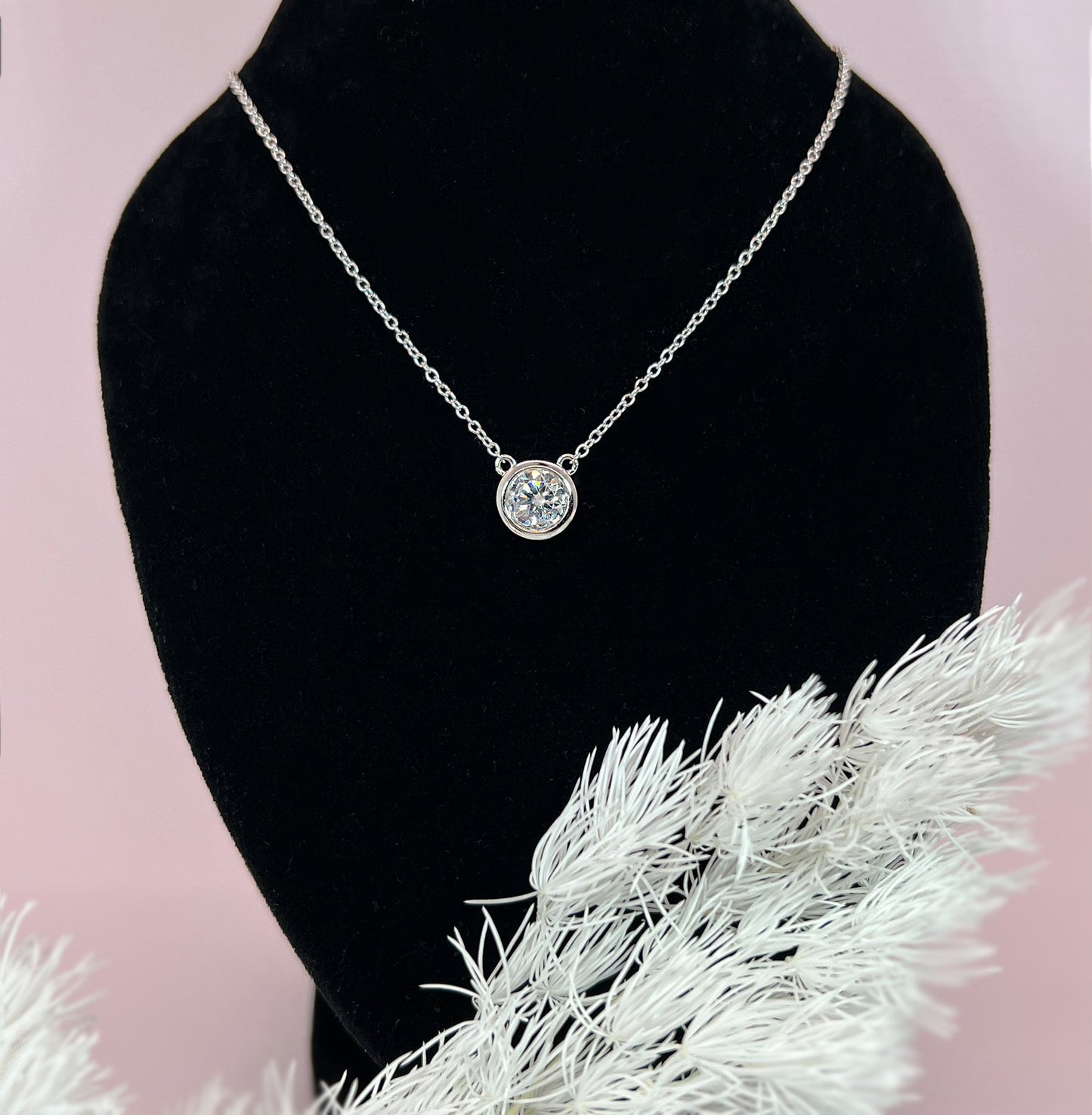 1 Carat Moissanite Solitaire Necklace: 14K Gold or Sterling Silver Bezel Pendant