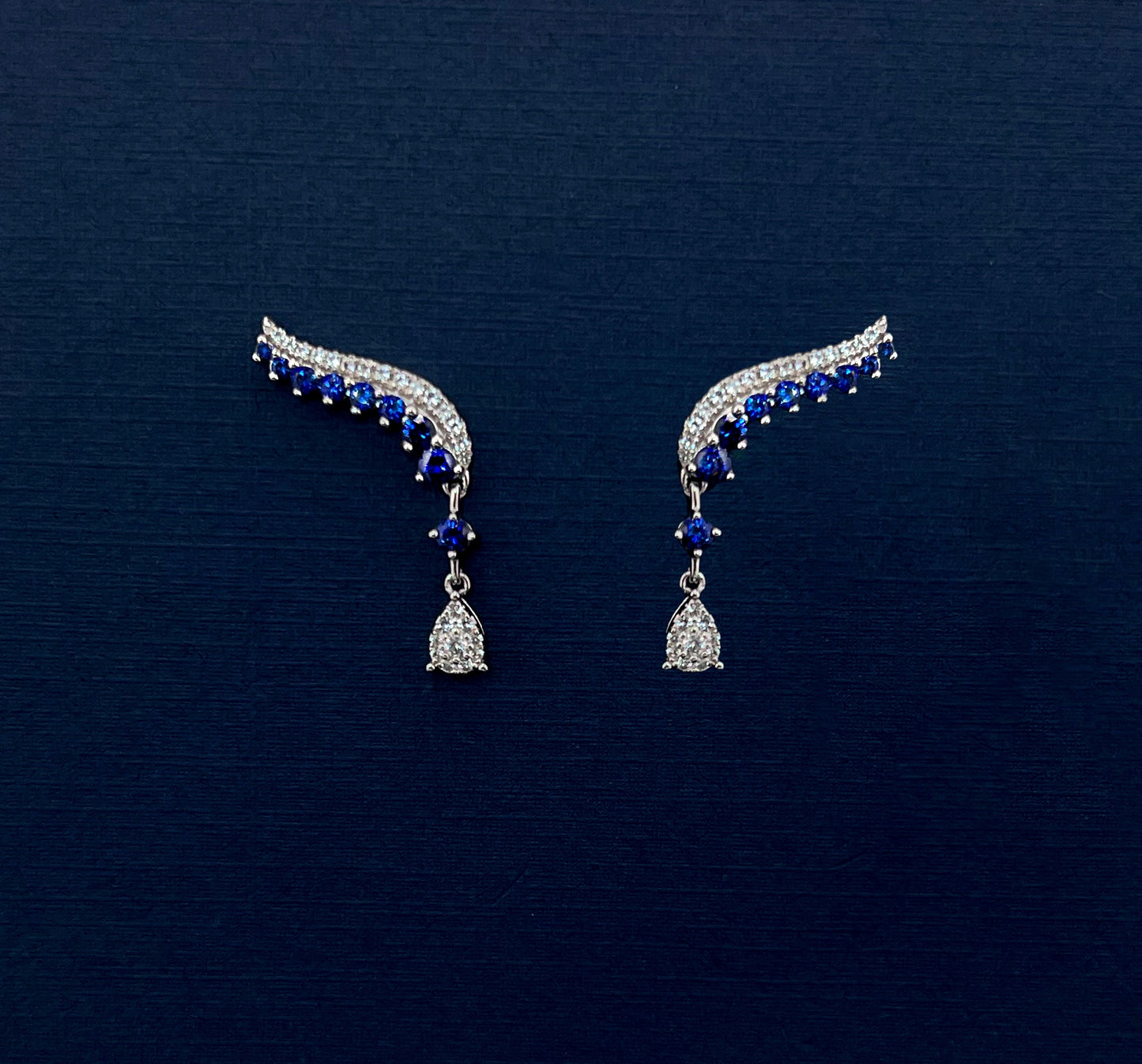 Blue Sapphire Earrings in Rhodium Plated Sterling Silver, Leaf Climber Earrings, Sapphire Bridal Earrings,ar Climber Floral Earring for Her