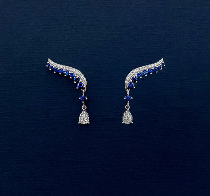 Blue Sapphire Earrings in Rhodium Plated Sterling Silver, Leaf Climber Earrings, Sapphire Bridal Earrings,ar Climber Floral Earring for Her