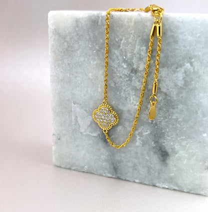Moissanite Four Leaf Clover Bracelet, 18K Gold-Plated or Rhodium Plated Sterling Silver Lucky Charm, Adjustable Pavé Bracelet, Gift for Her