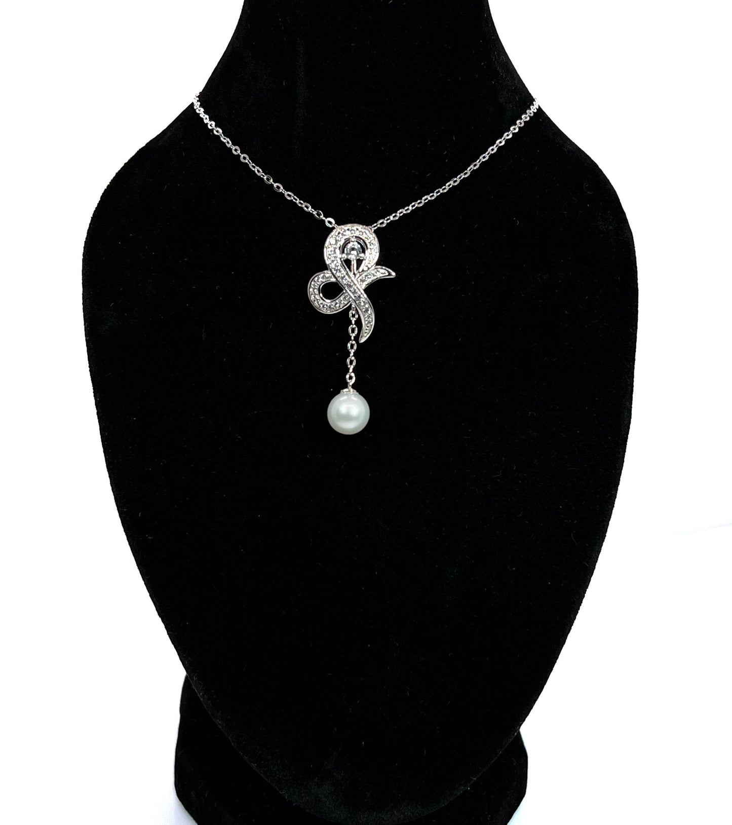 Moissanite Bow Necklace: Sterling Silver Pearl Dangle Bridal Pendant