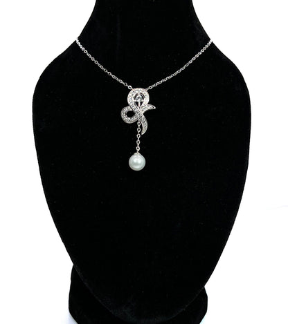Moissanite Bow Necklace: Sterling Silver Pearl Dangle Bridal Pendant