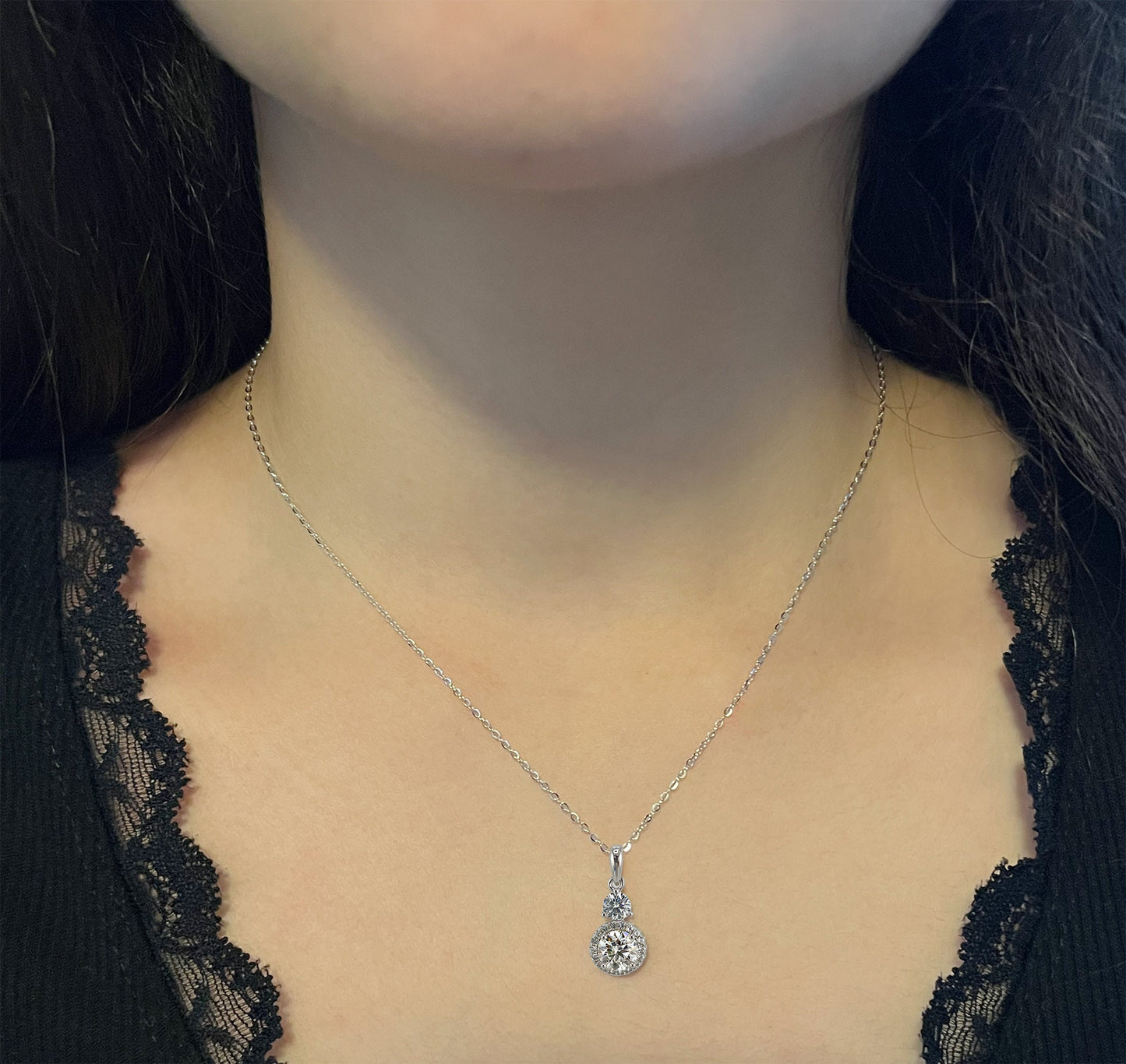 1.5CTW VVS1 Moissanite Halo Necklace: Rhodium Plated Sterling Silver Pendant