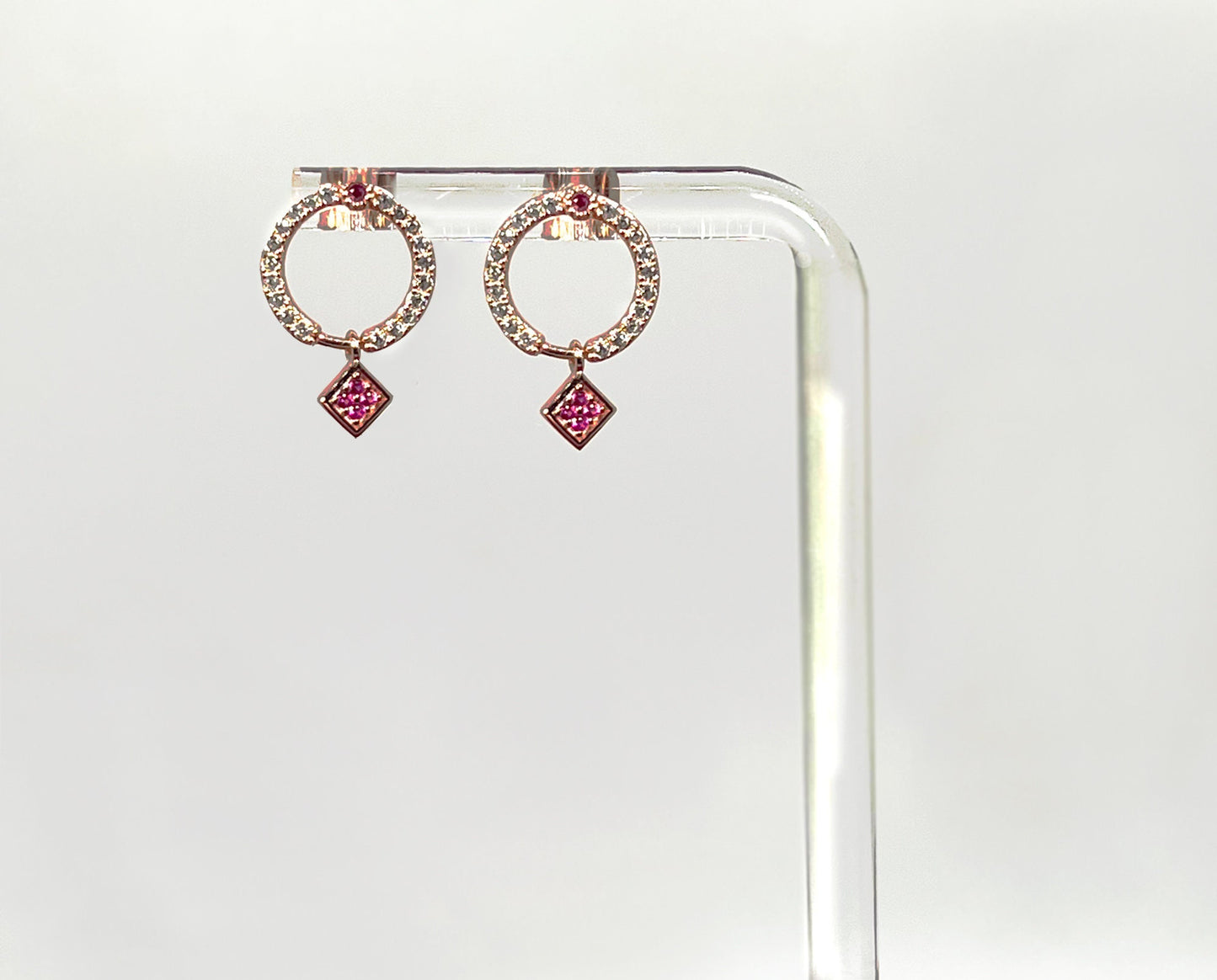 Ruby & White Sapphire Circle Earrings: Rose Gold Sterling Silver Dangle Studs