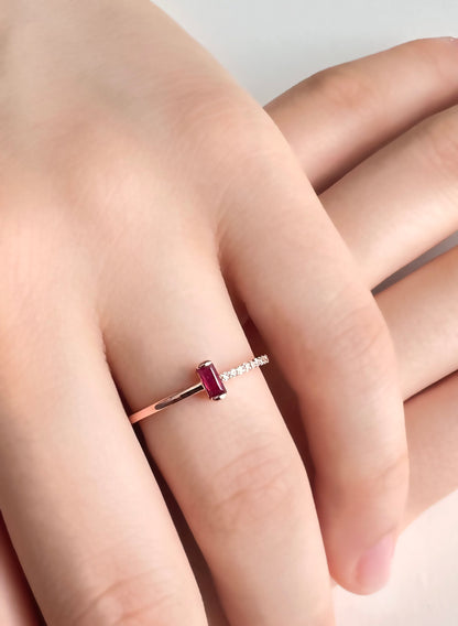 Ruby or Sapphire Baguette Ring: Diamond 14K Gold Plated Sterling Silver