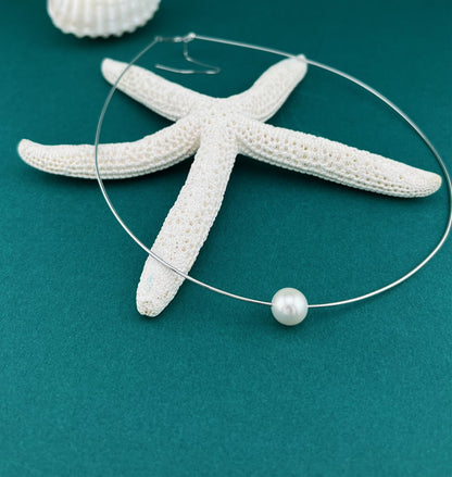 Floating Pearl Necklace: Rhodium Plated Sterling Silver Wire, Minimalist Jewelry
