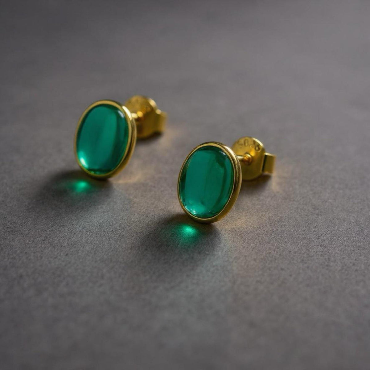 Emerald Stud Earrings: 18K Gold Plated Sterling Silver Bezel