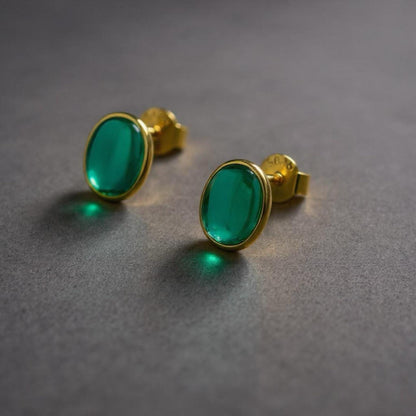 Emerald Stud Earrings: 18K Gold Plated Sterling Silver Bezel