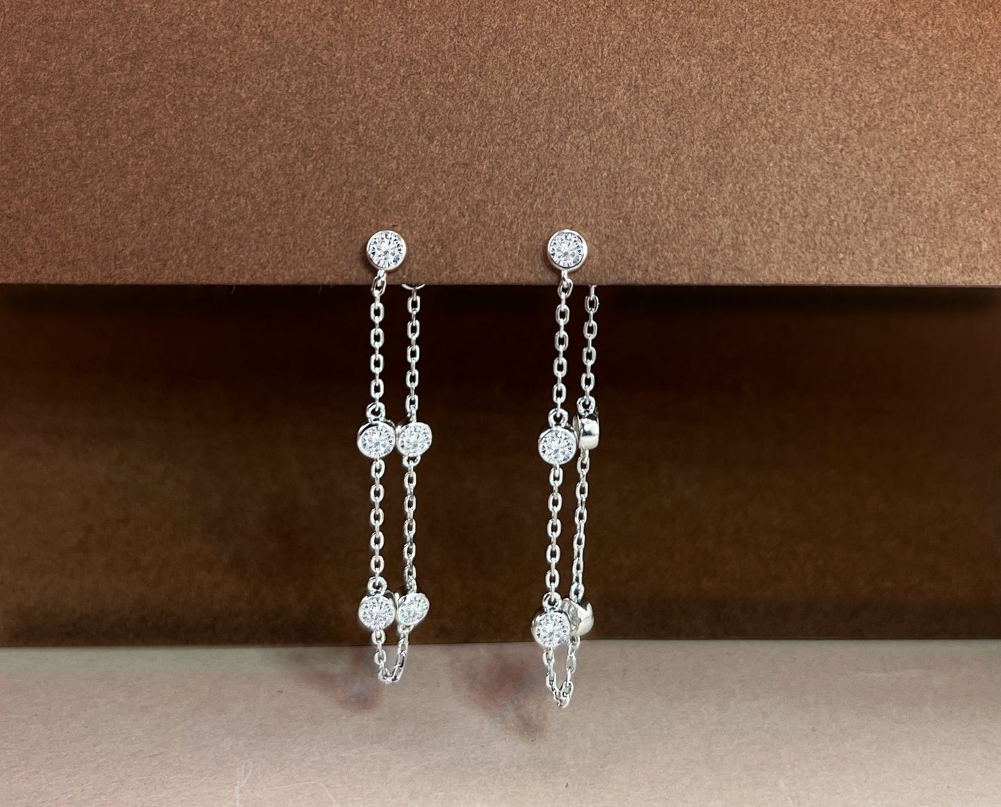 Moissanite Threader Earrings: Rhodium Plated Sterling Silver Chain Drop Earrings