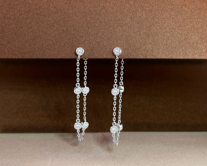 Moissanite Threader Earrings: Rhodium Plated Sterling Silver Chain Drop Earrings