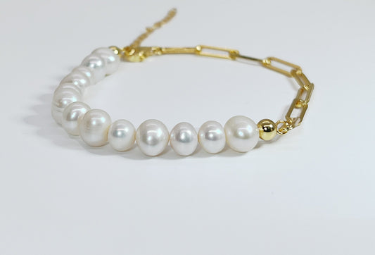 14K Goldplated Pearl Paperclip Bracelet: Sterling Silver Freshwater Pearl