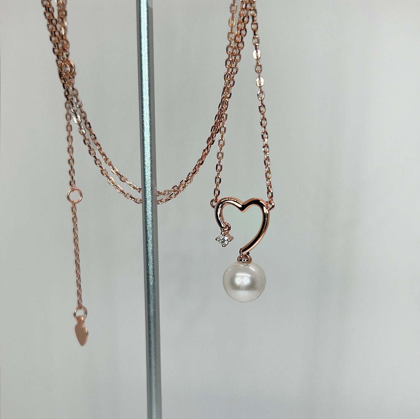Moissanite & Pearl Heart Pendant Necklace: 14K Rose Gold Sterling Silver