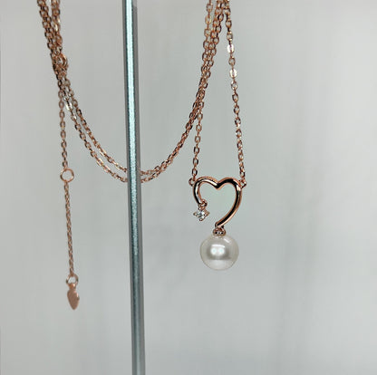 Moissanite & Pearl Heart Pendant Necklace: 14K Rose Gold Sterling Silver