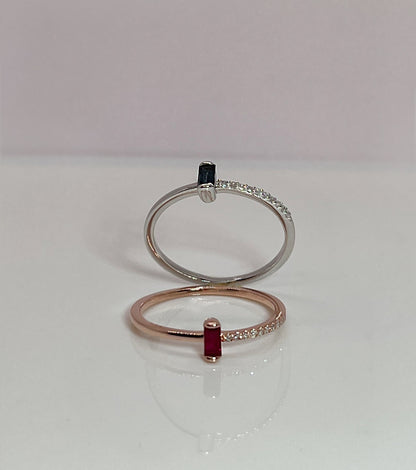 Ruby or Sapphire Baguette Ring: Diamond 14K Gold Plated Sterling Silver
