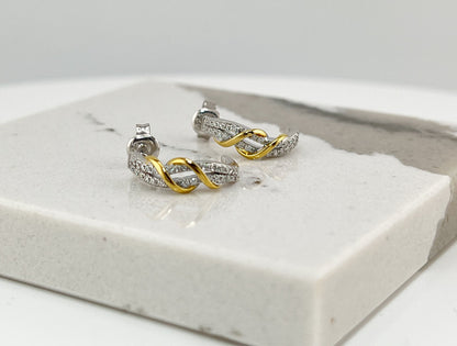 Two-Tone Twisted Moissanite J-Hoop Earrings: 14K Gold & Sterling Silver