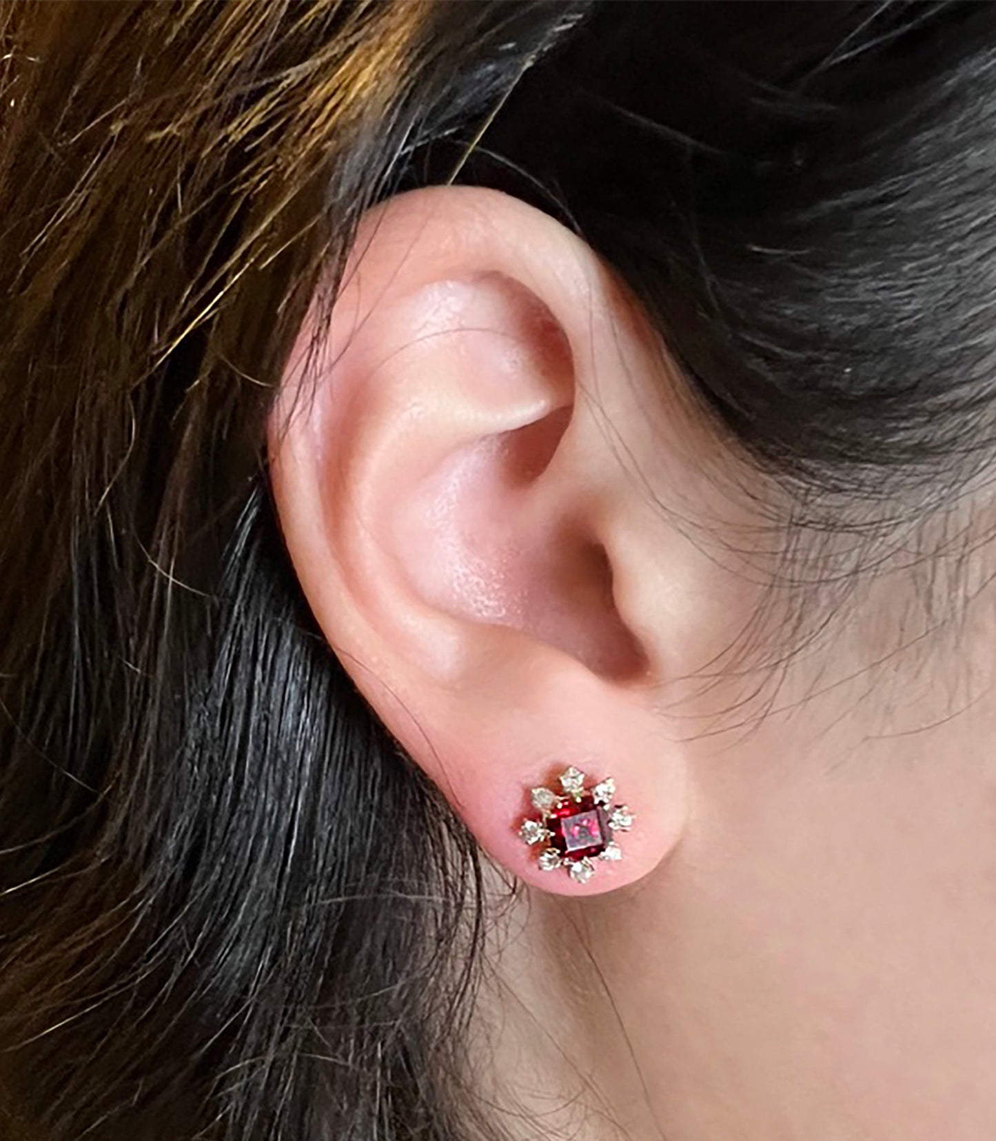 Sterling Silver Created Ruby Stud Earrings: White Sapphire Halo