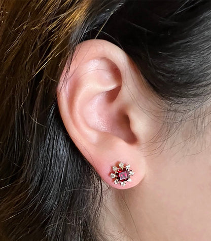 Sterling Silver Created Ruby Stud Earrings: White Sapphire Halo