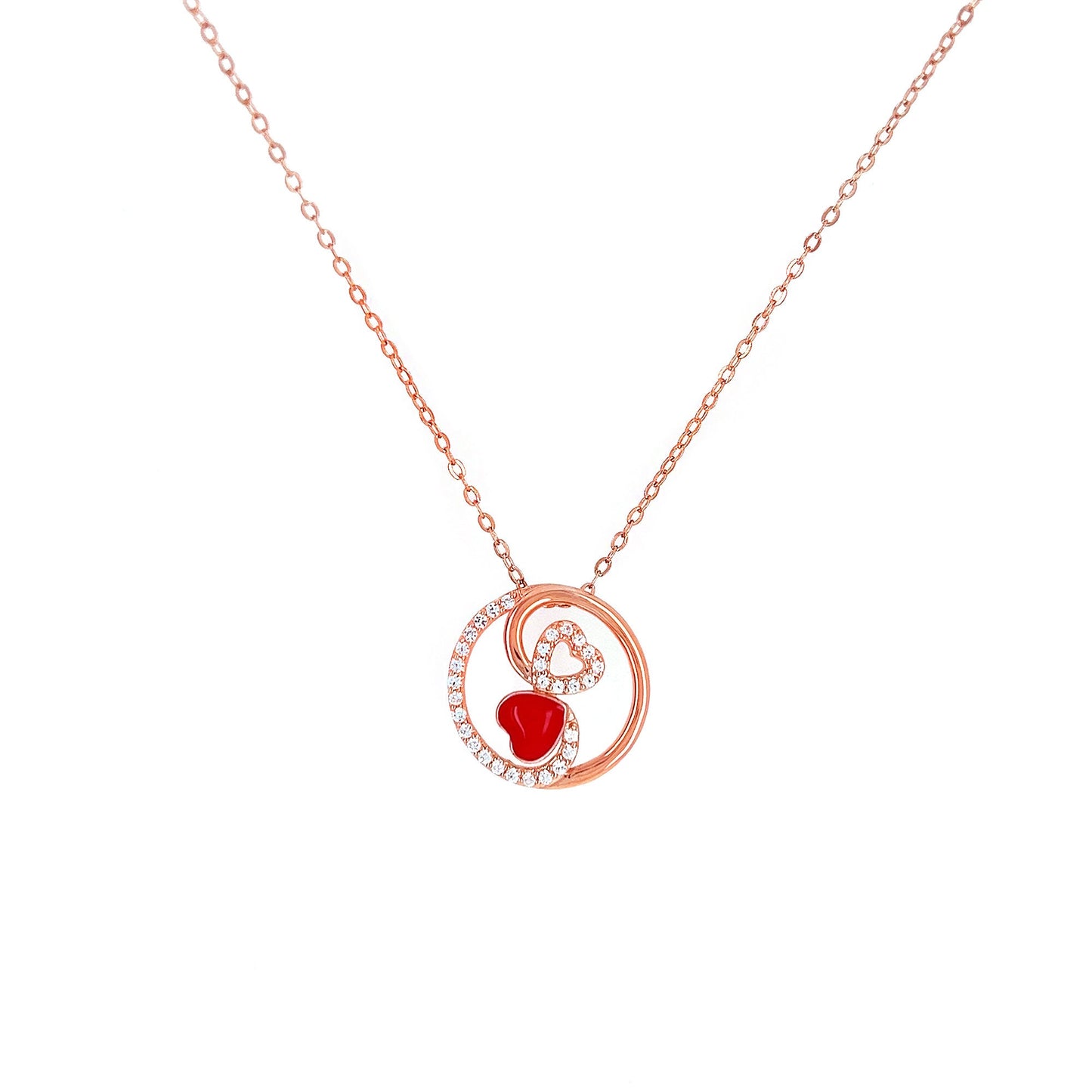 Rose Gold Sterling Silver Heart Necklace: Red Enamel CZ Pendant