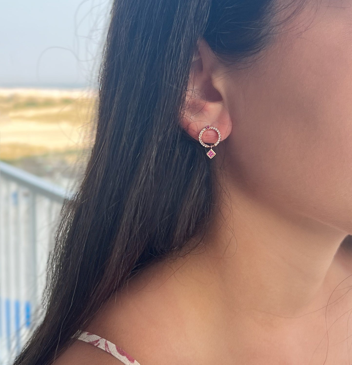 Ruby & White Sapphire Circle Earrings: Rose Gold Sterling Silver Dangle Studs