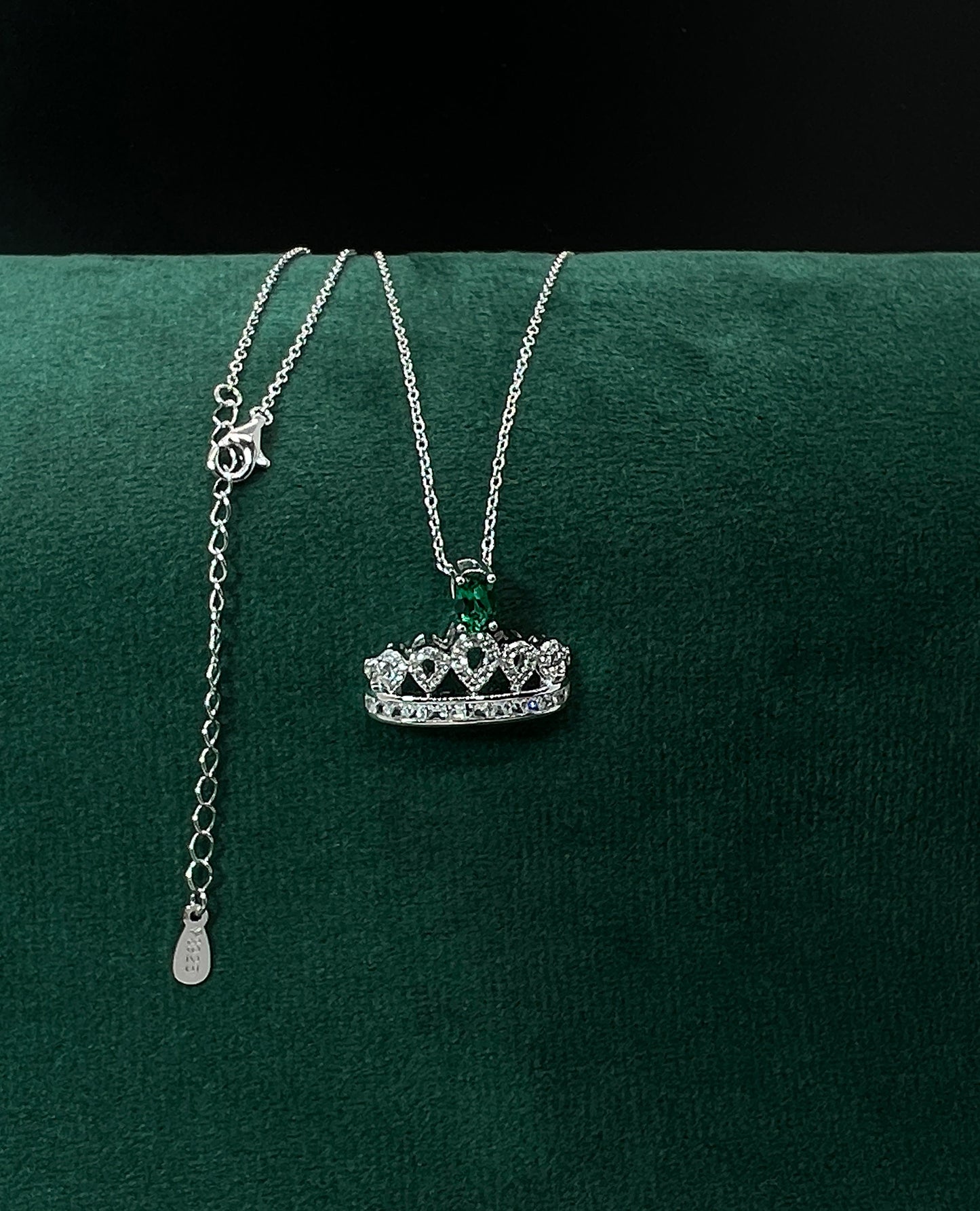 Emerald Crown Necklace: Rhodium Plated Sterling Silver, White Sapphire Pendant