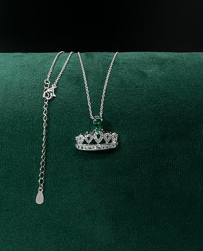 Emerald Crown Necklace: Rhodium Plated Sterling Silver, White Sapphire Pendant