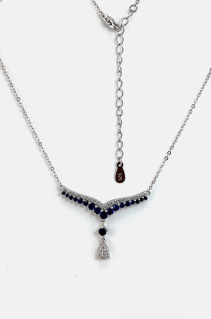 Teardrop Sapphire Necklace: Rhodium Plated Sterling Silver V Collar