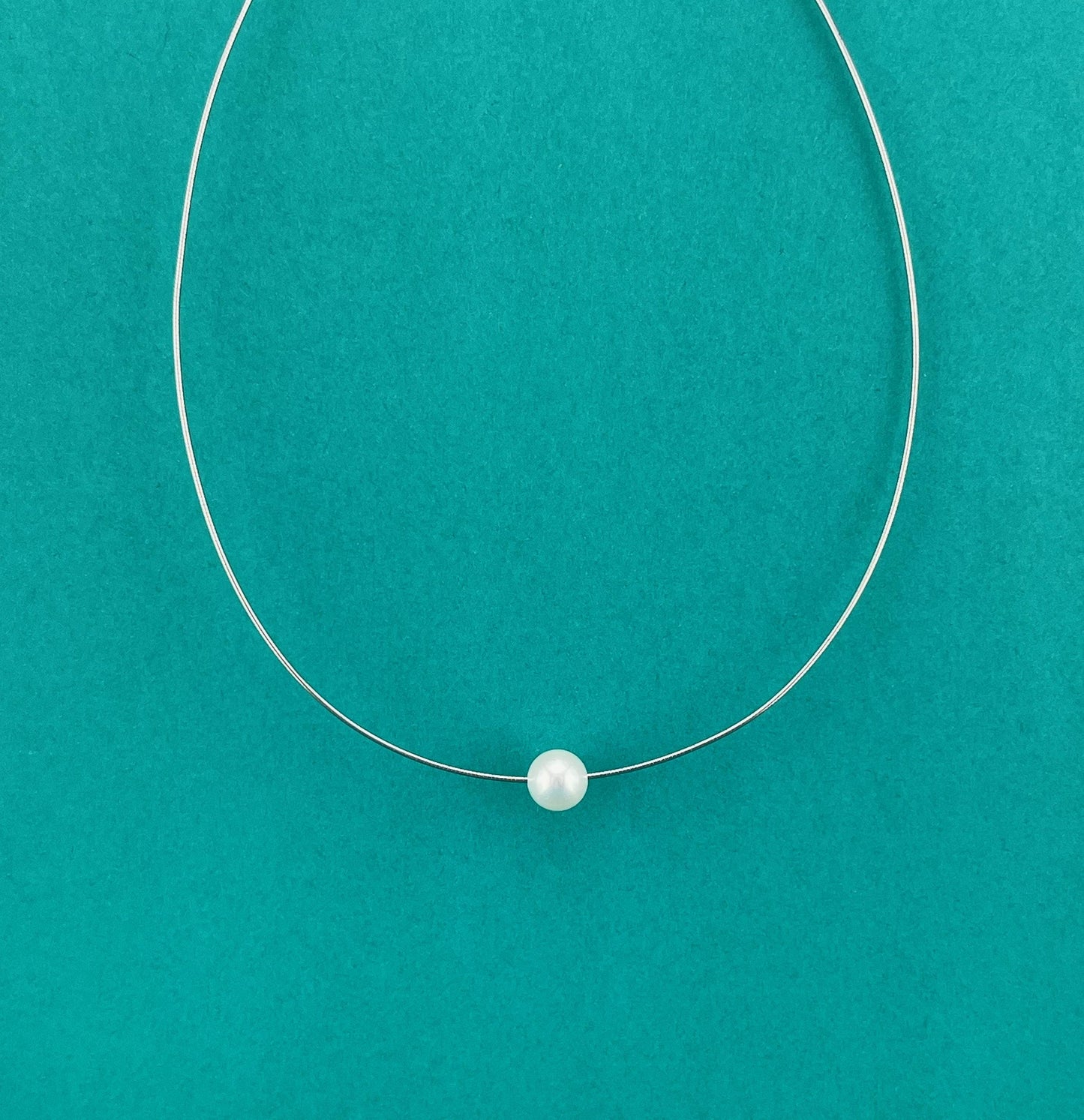 Floating Pearl Necklace: Rhodium Plated Sterling Silver Wire, Minimalist Jewelry