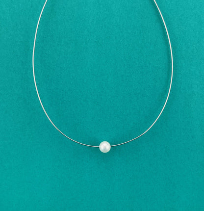 Floating Pearl Necklace: Rhodium Plated Sterling Silver Wire, Minimalist Jewelry