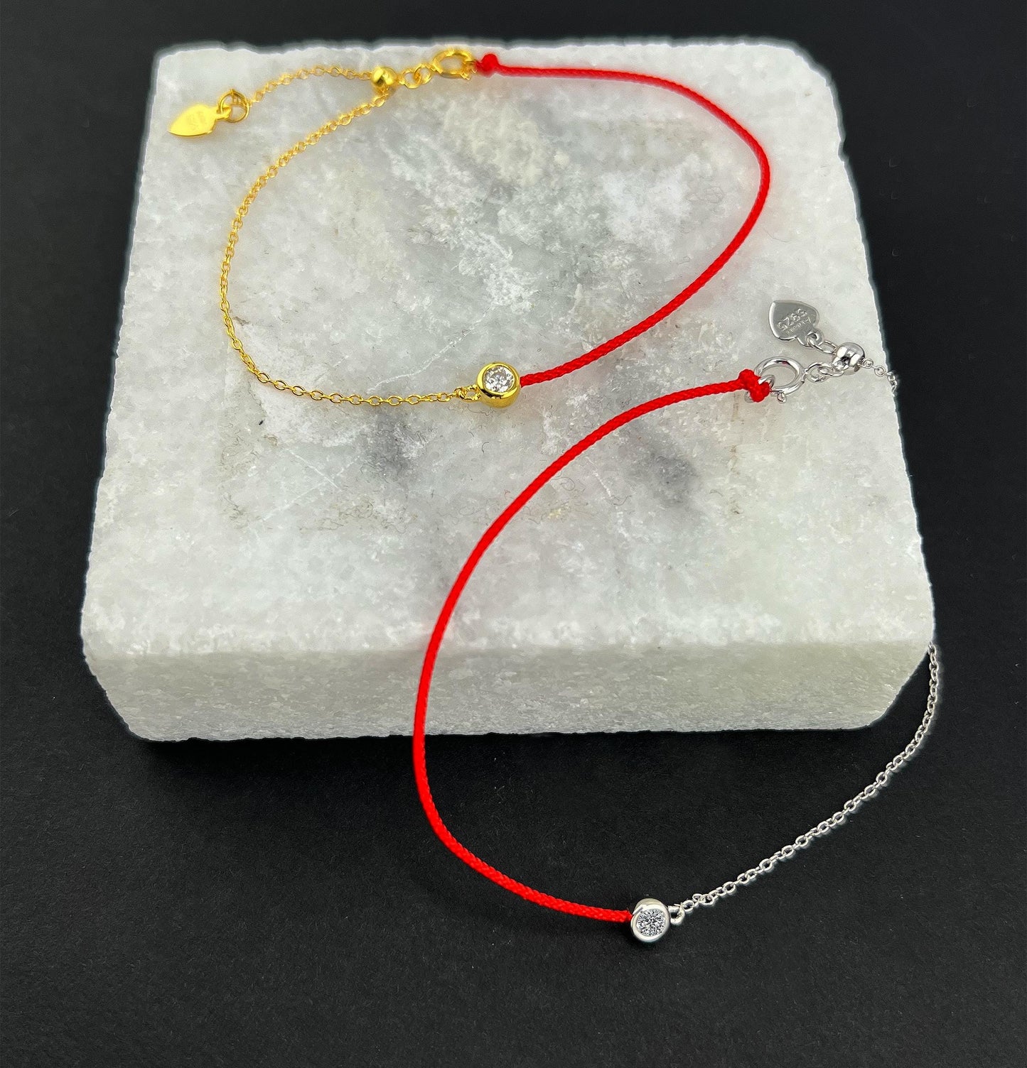 Moissanite Red Cord Bracelet: 18K Gold Plated Sterling Silver, Adjustable