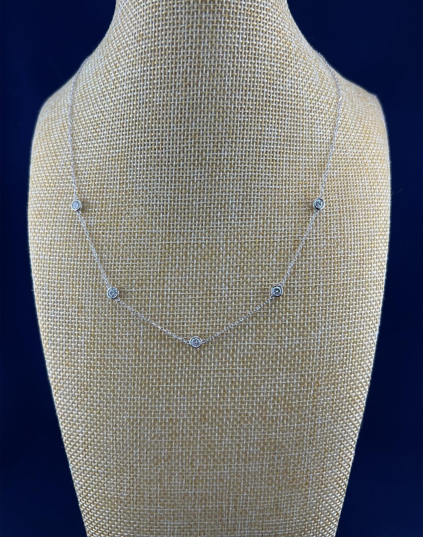 Moissanite Bezel Station Necklace: Rhodium Plated Sterling Silver, 1 CTTW