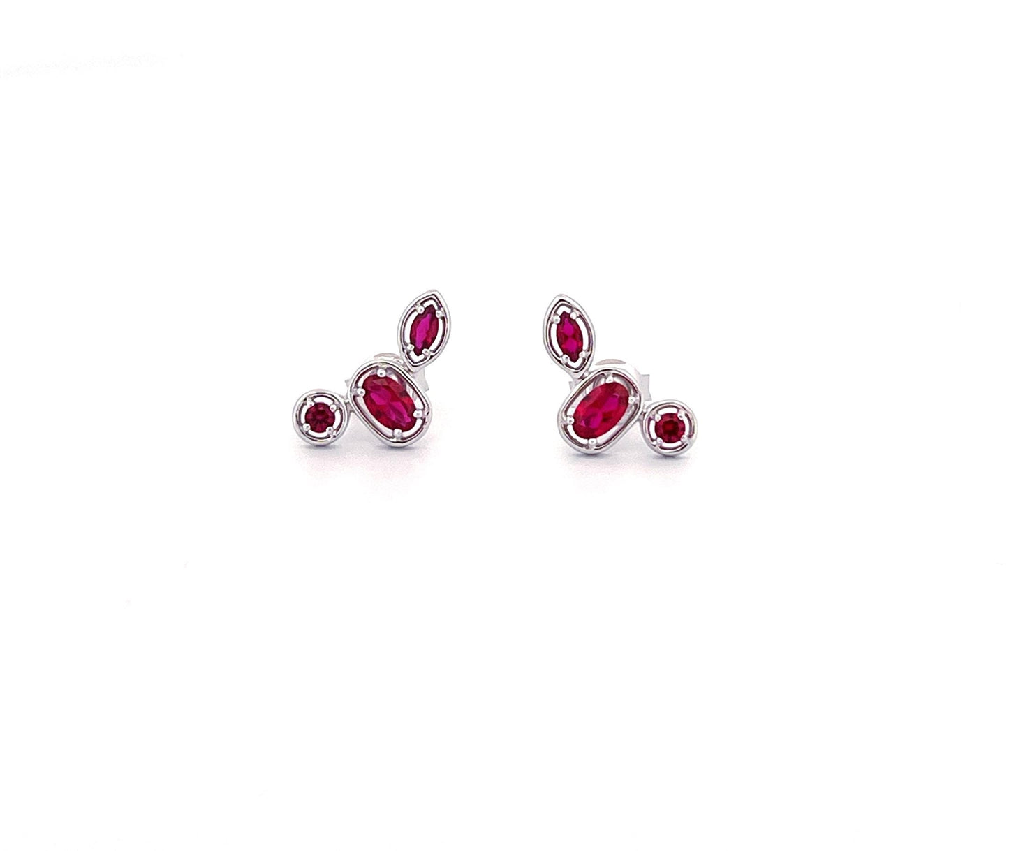 Ruby Ear Climber Stud Earrings: Rhodium Plated Sterling Silver