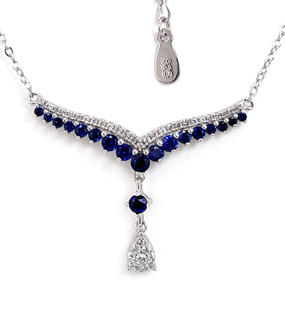 Teardrop Sapphire Necklace: Rhodium Plated Sterling Silver V Collar
