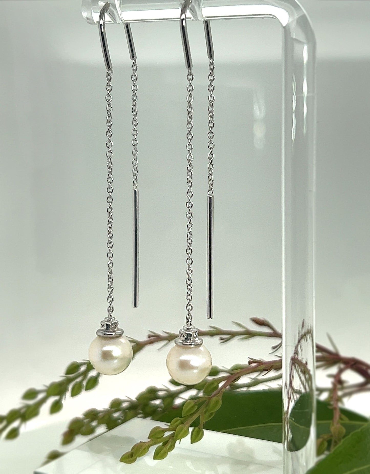 Cultured Freshwater Pearl Threader Earrings in Sterling Silver | White Sapphire and Pearl Dangle Earrings | Bridal Jewelry